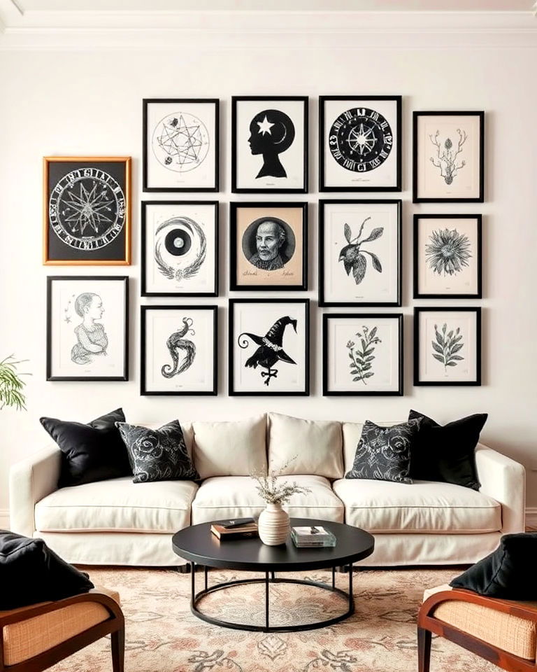 gallery wall witchy themed artwork - 30 Witchy Living Room Ideas