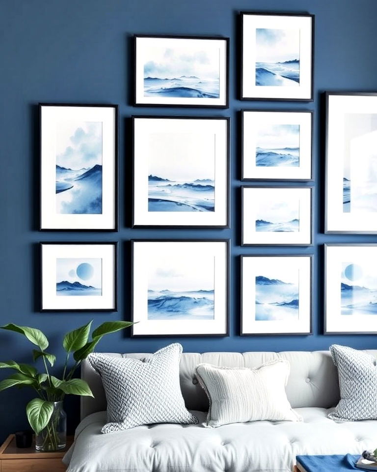 gallery wall with blue and white artwork - 30 Blue and White Decor Ideas