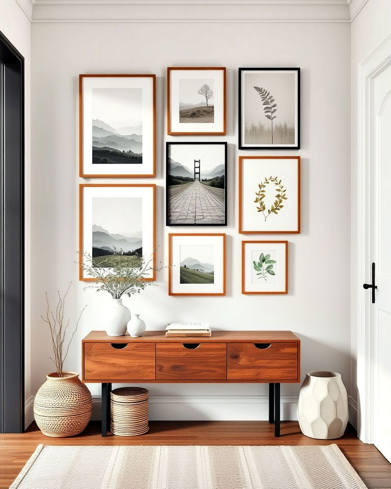 gallery wall with nature inspired art for scandinavian entryway - 20 Scandinavian Entryway Ideas