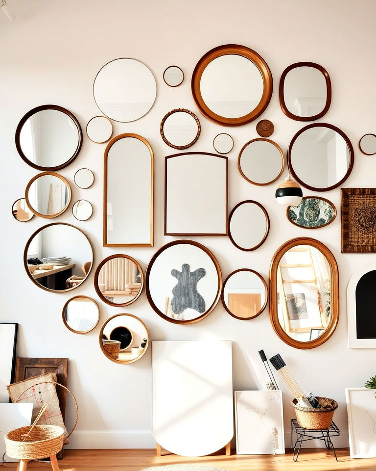 gallery wall with scattered mirrors - 30 Mirror Gallery Wall Ideas