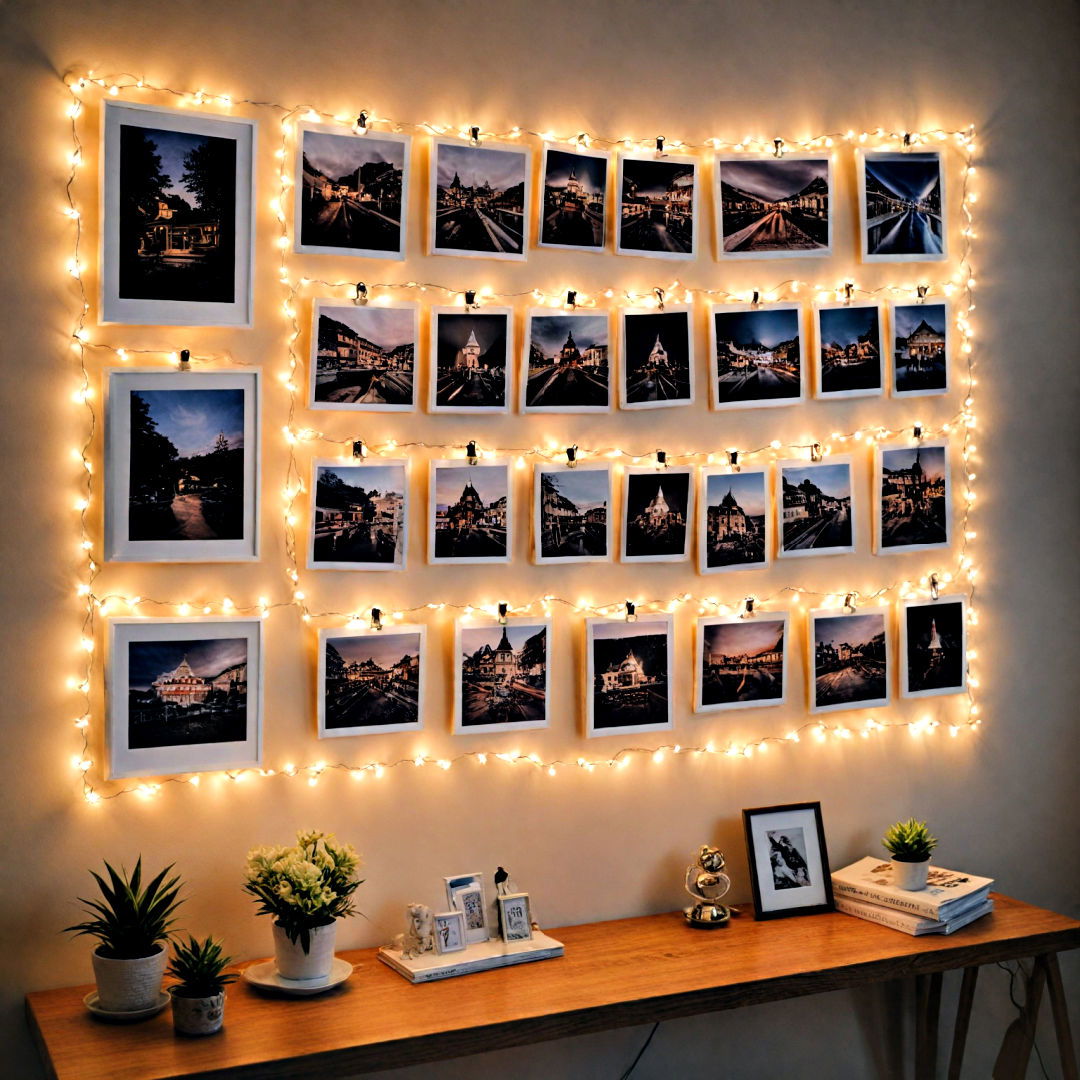 gallery wall with string lights feature - 40 Gallery Wall Ideas