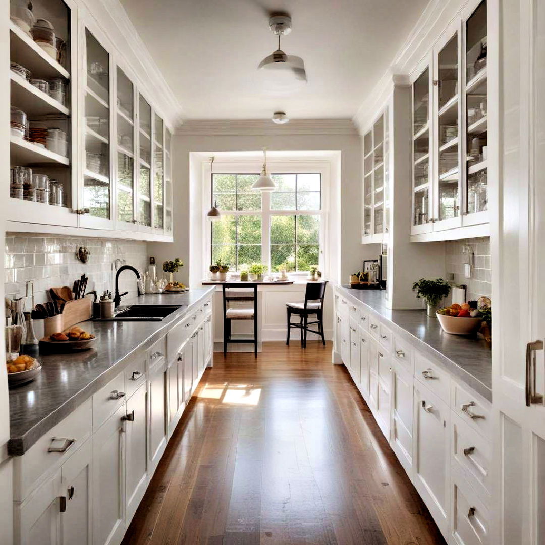 galley kitchen with glass door cabinets - 40 Galley Kitchen Ideas