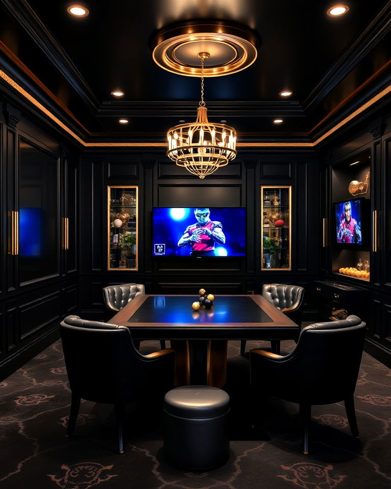 game room with jet black paint and gold detailing - 20 Game Room Paint Ideas