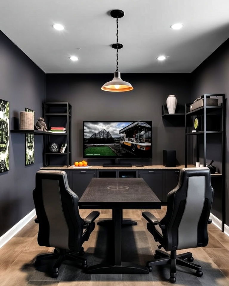 game room with slate gray paint and metallic accents - 20 Game Room Paint Ideas