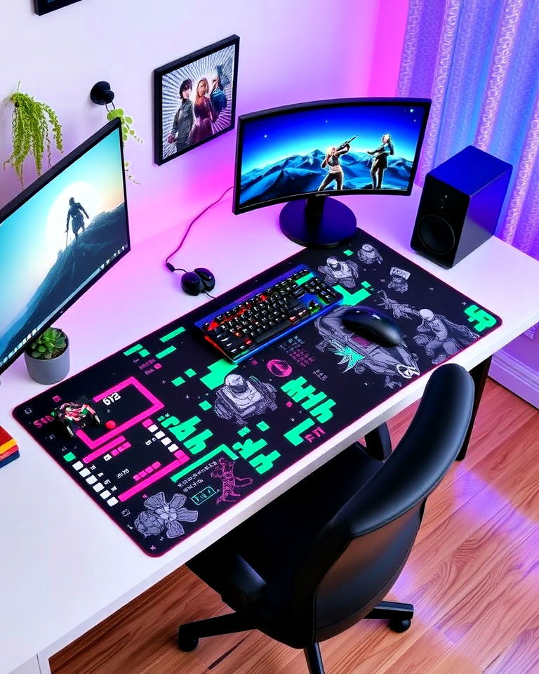 gamer girl room with decorative desk mat - 20 Gamer Girl Room Ideas