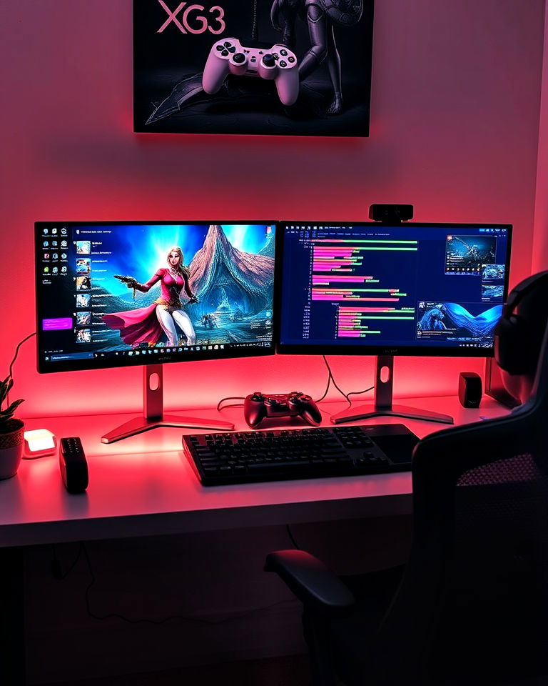 gamer girl room with dual monitor setup - 20 Gamer Girl Room Ideas