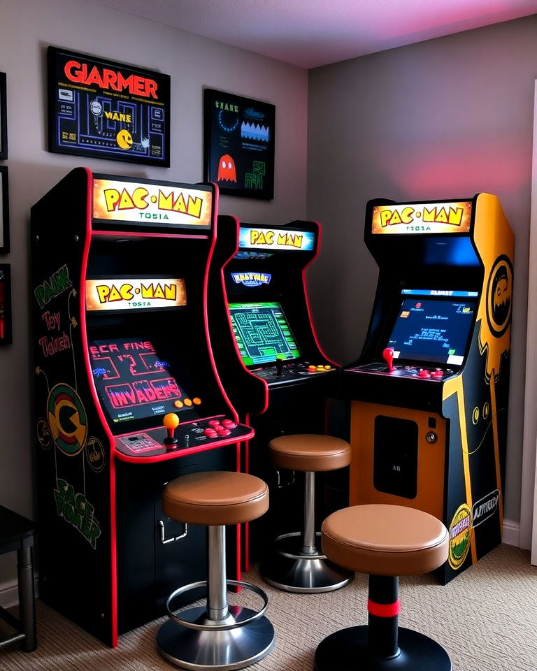 gaming area with arcade machine corner - 30 Retro Game Room Ideas