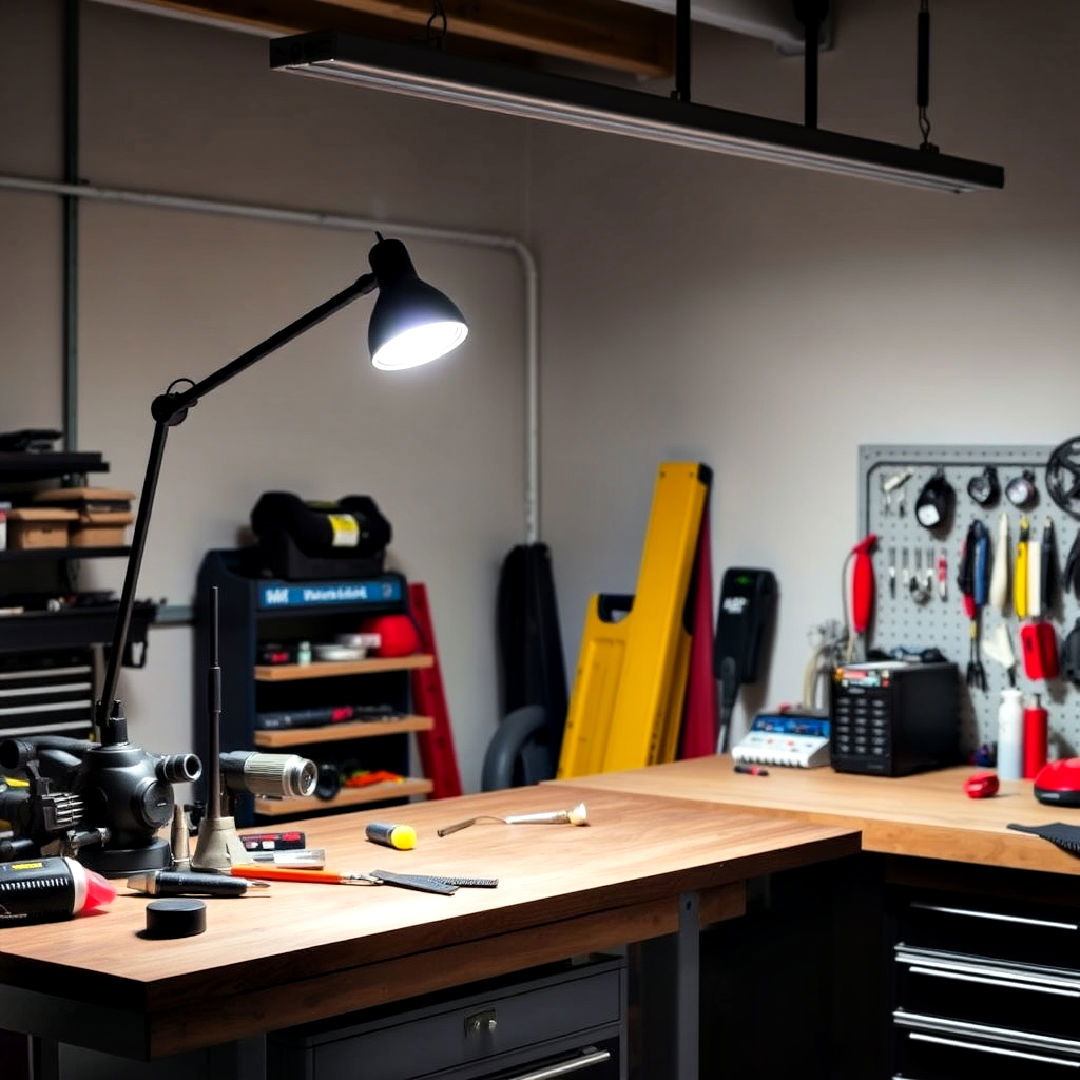 garage task lighting with adjustable arms - 15 Garage Lighting Ideas