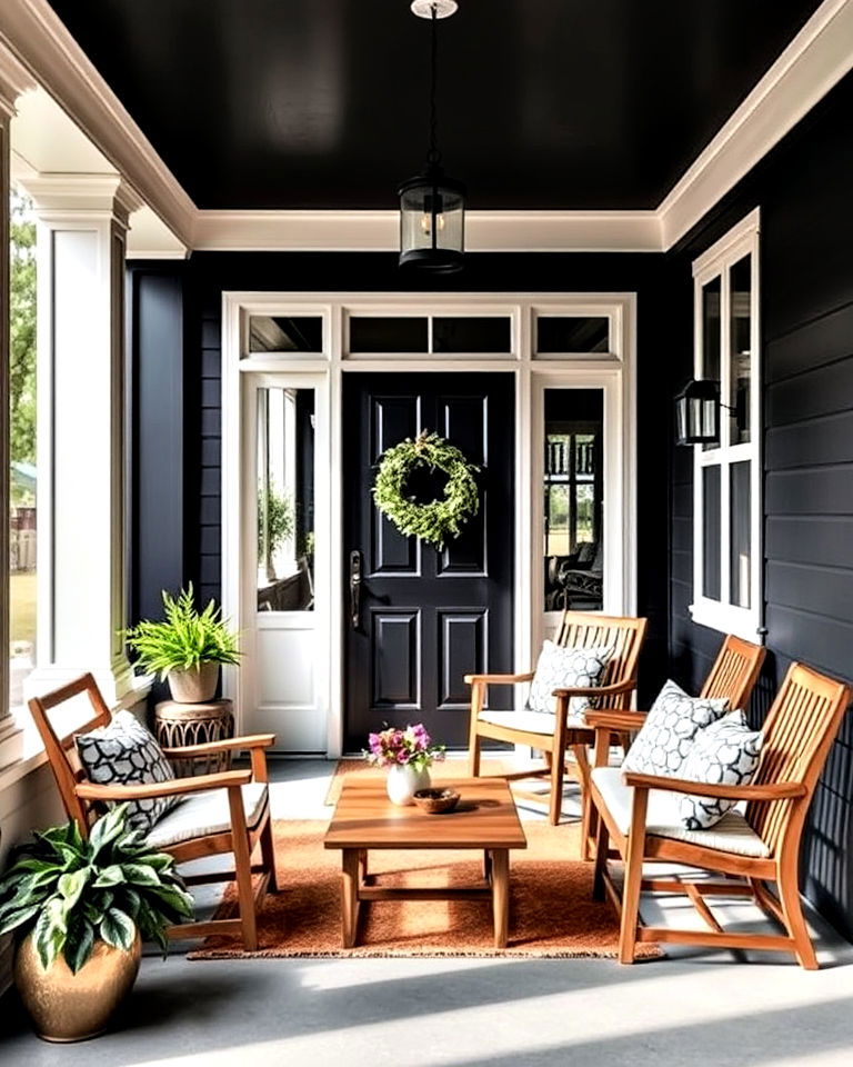 garage with black accent rug - 15 Black Porch Ideas