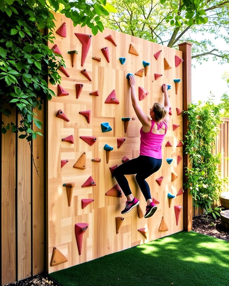 garden gym with climbing wall and soft turf landing - 15 Garden Gym Ideas