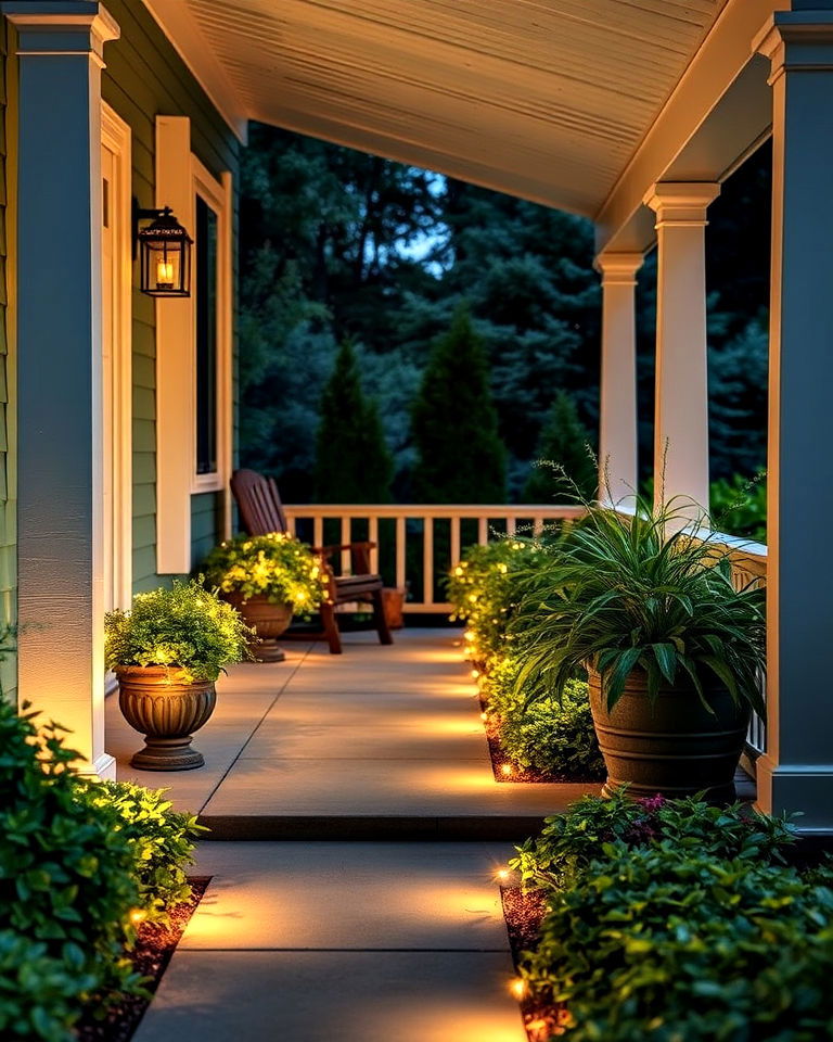 garden lights around porch planters - 20 Front Porch Lighting Ideas