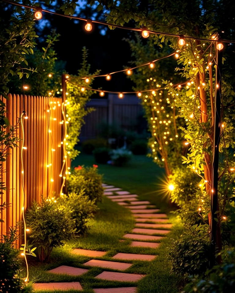 garden pathway with string lights - 40 Garden Lighting Ideas