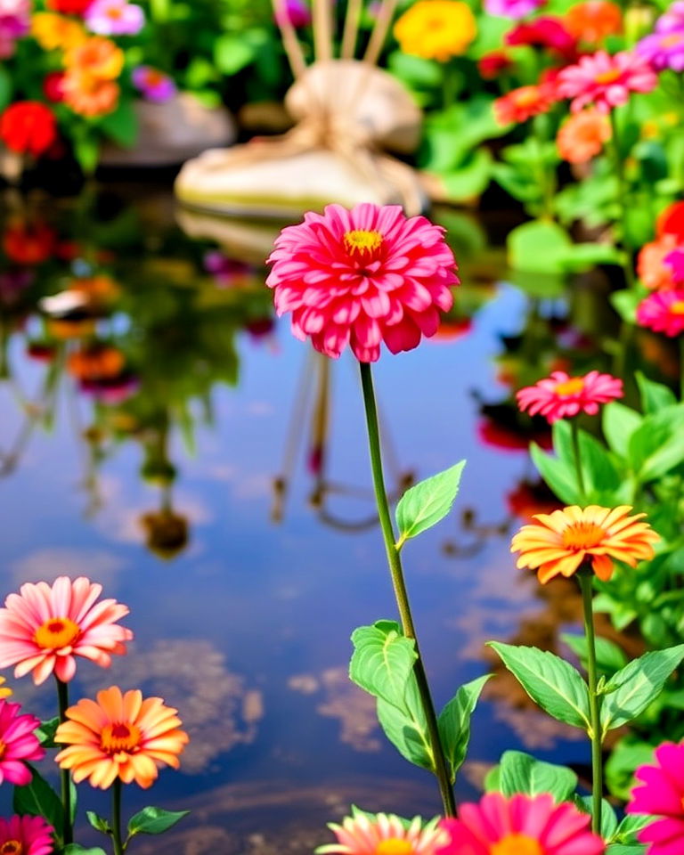 garden pond with zinnias - 25 Zinnia Garden Ideas