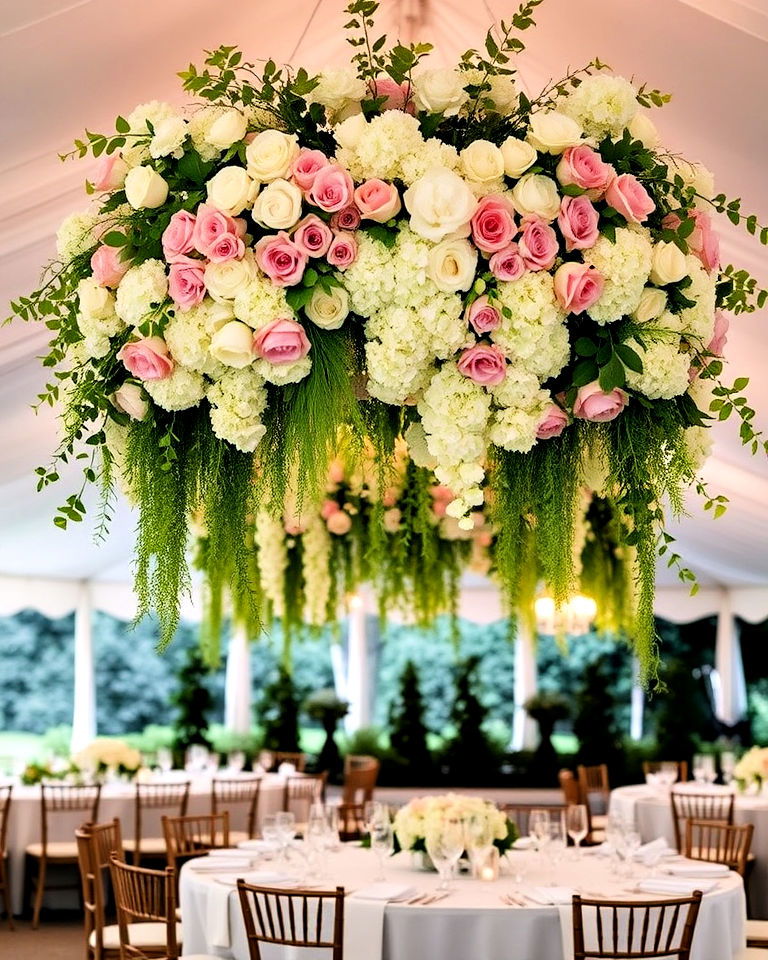 garden vibe hanging flower display - 30 Wedding Table Decoration Ideas