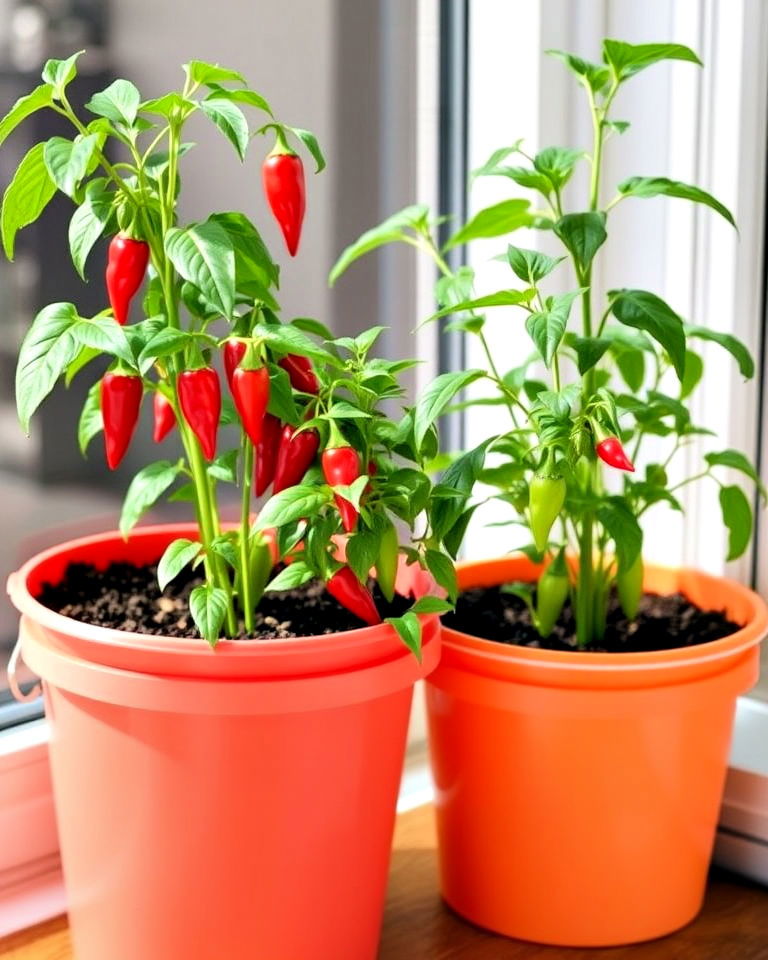 garden with chili pepper buckets - 20 Bucket Garden Ideas