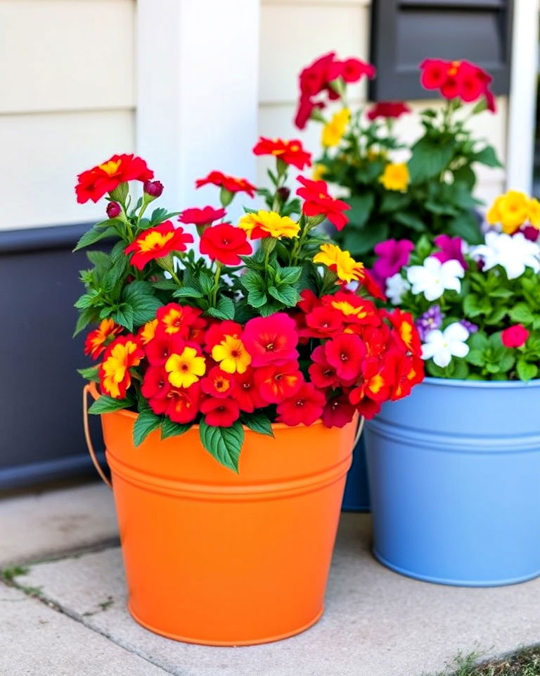 garden with colorful flower buckets - 20 Bucket Garden Ideas