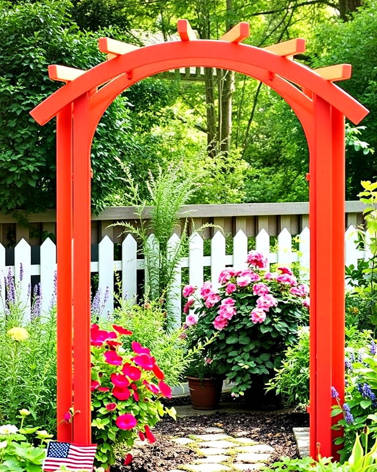 garden with colorful painted arbor - 40 Garden Arbor Ideas