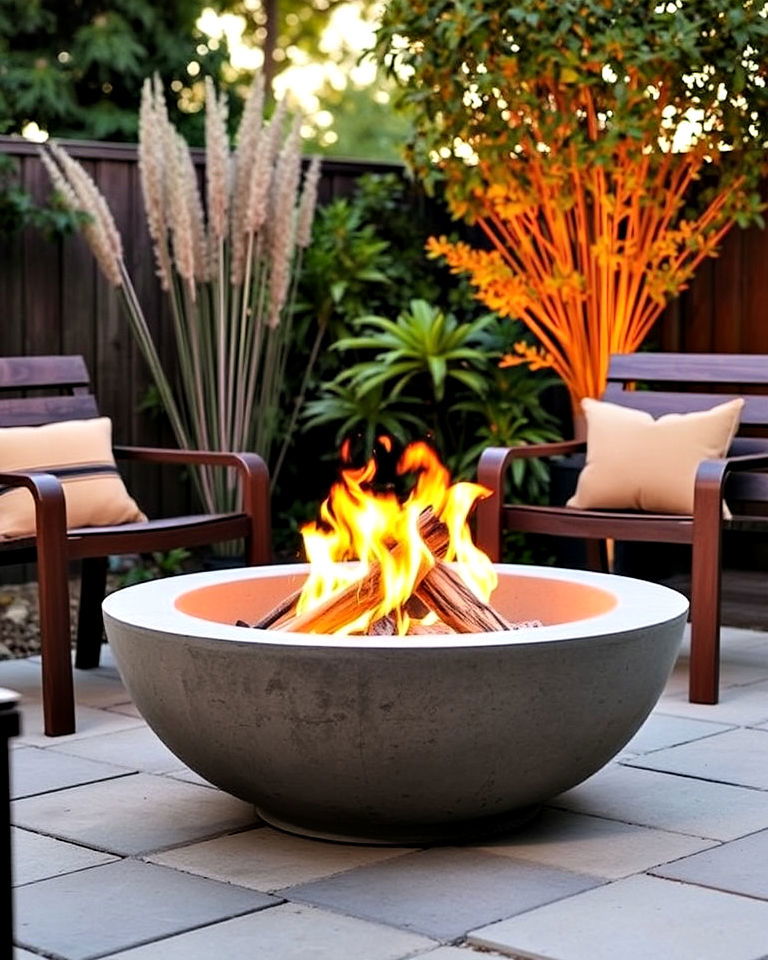 garden with concrete fire bowl - 25 Concrete Garden Ideas