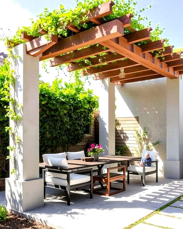garden with concrete pergola - 25 Concrete Garden Ideas