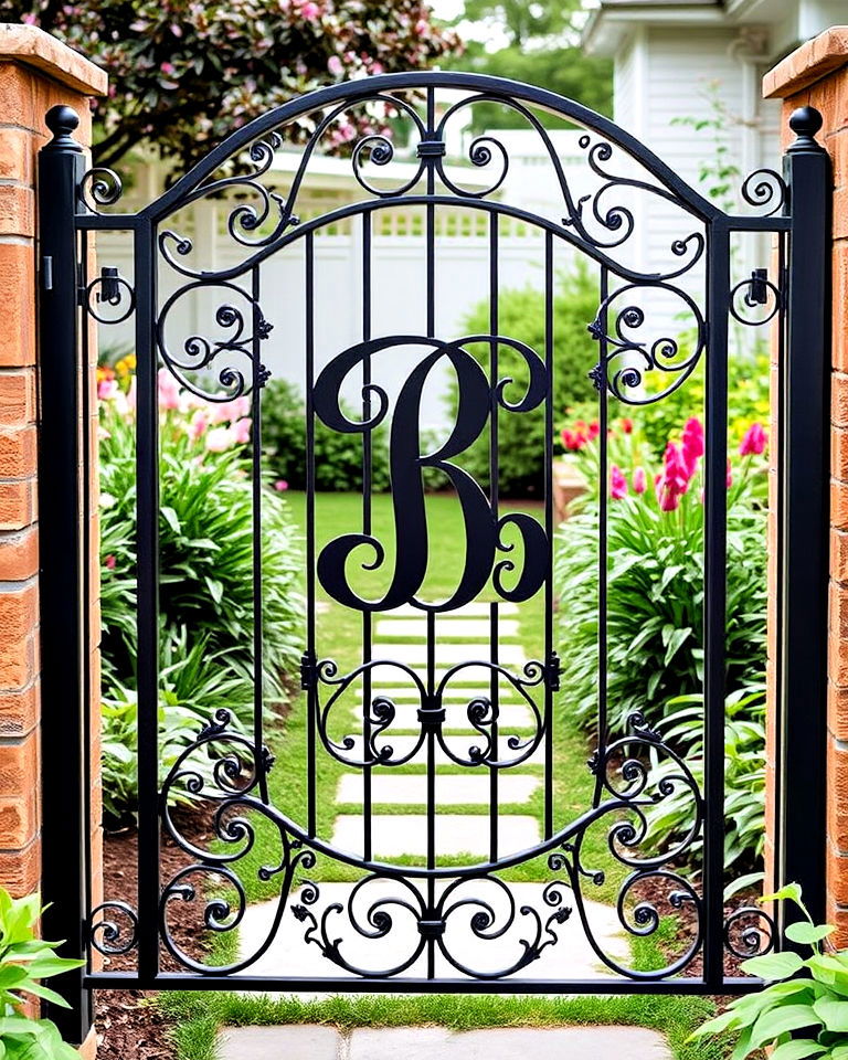 garden with custom monogrammed metal gate - 25 Metal Garden Gate Ideas