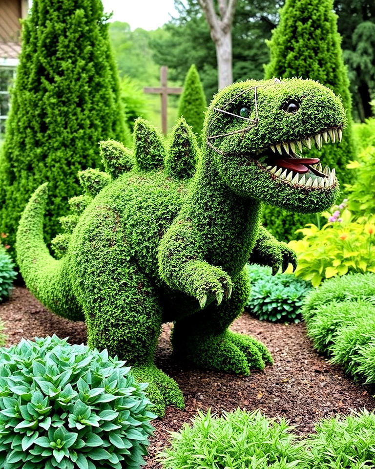 garden with dino shaped topiary - 20 Dinosaur Garden Ideas