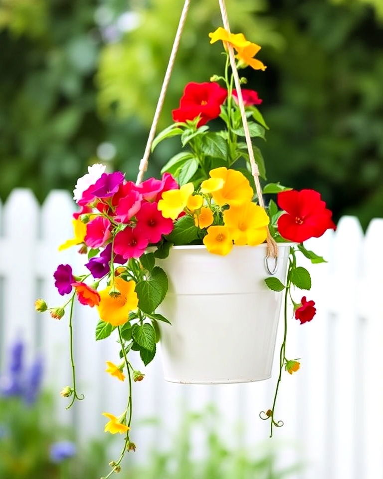 garden with hanging bucket planters - 20 Bucket Garden Ideas
