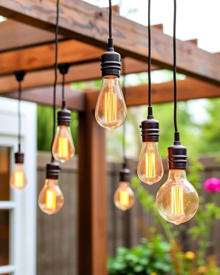 garden with hanging bulb pendants - 40 Garden Lighting Ideas