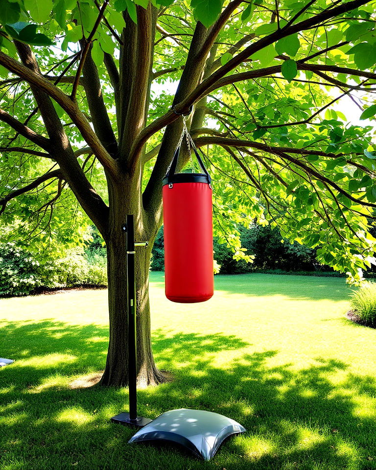 garden with small boxing bag stand under a tree - 15 Garden Gym Ideas