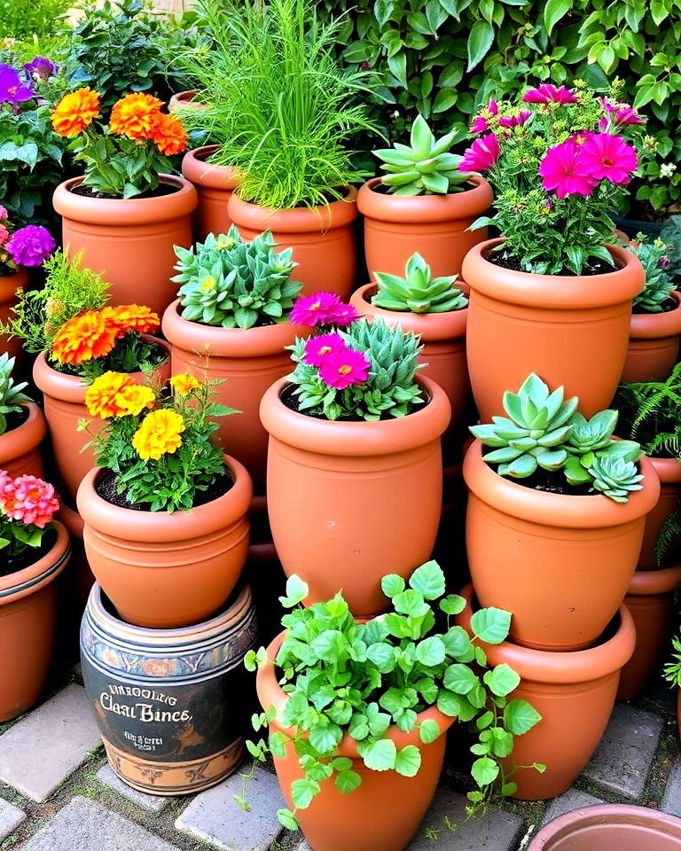 garden with terracotta pot clusters - 25 Mexican Garden Ideas