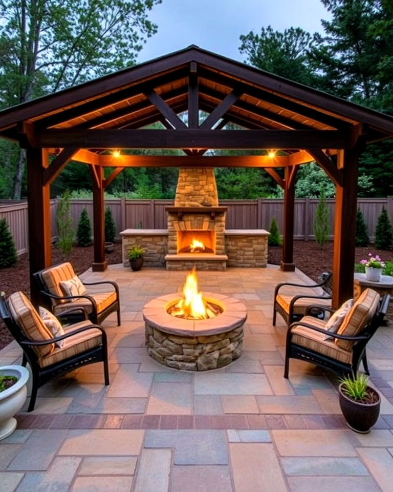 gazebo for stone patio with fire pit - 25 Stone Patio With a Fire Pit Ideas