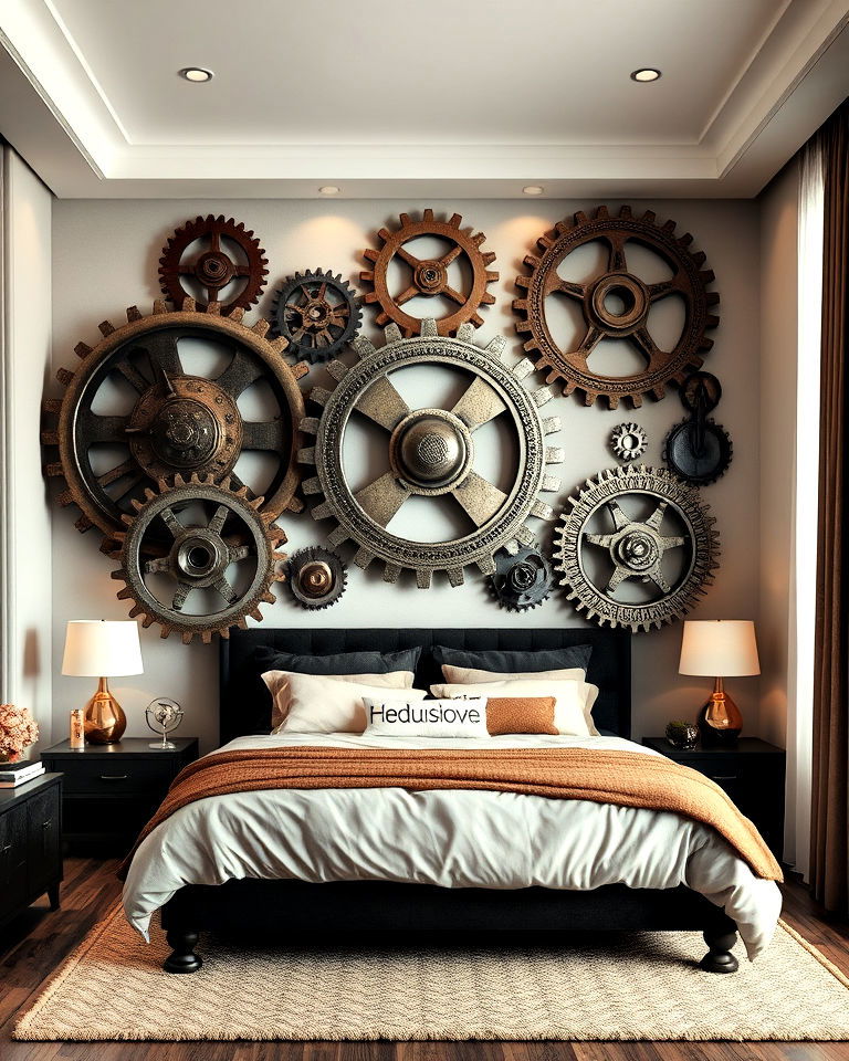 gears and mechanical accents for steampunk bedroom - 15 Steampunk Bedroom Ideas