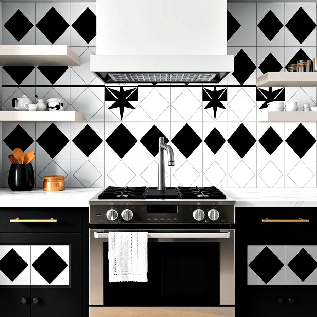 geometric backsplash for black and white kitchen - 40 Black and White Kitchen Ideas