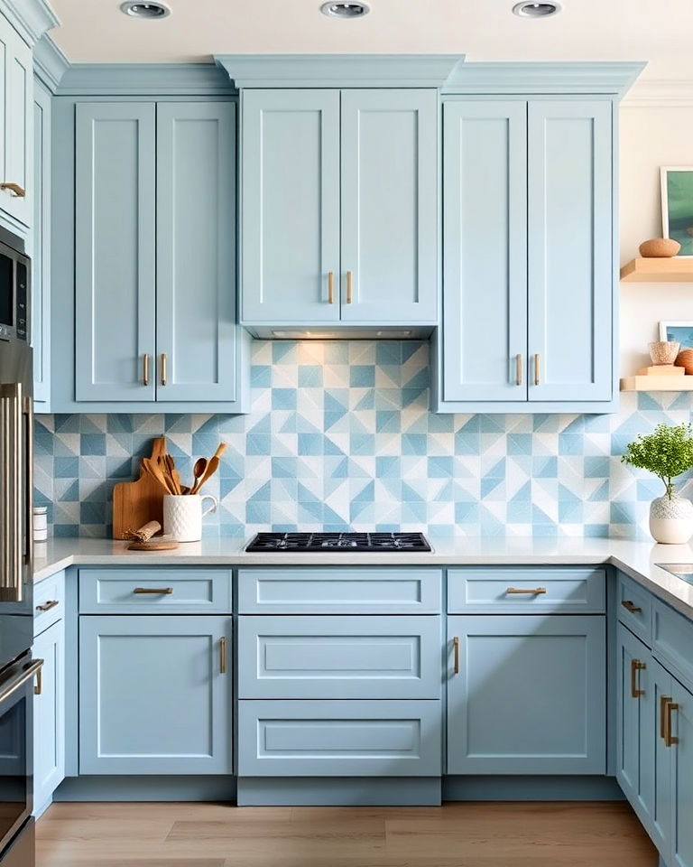 geometric backsplash for light blue kitchen cabinets - 20 Light Blue Kitchen Cabinets Ideas