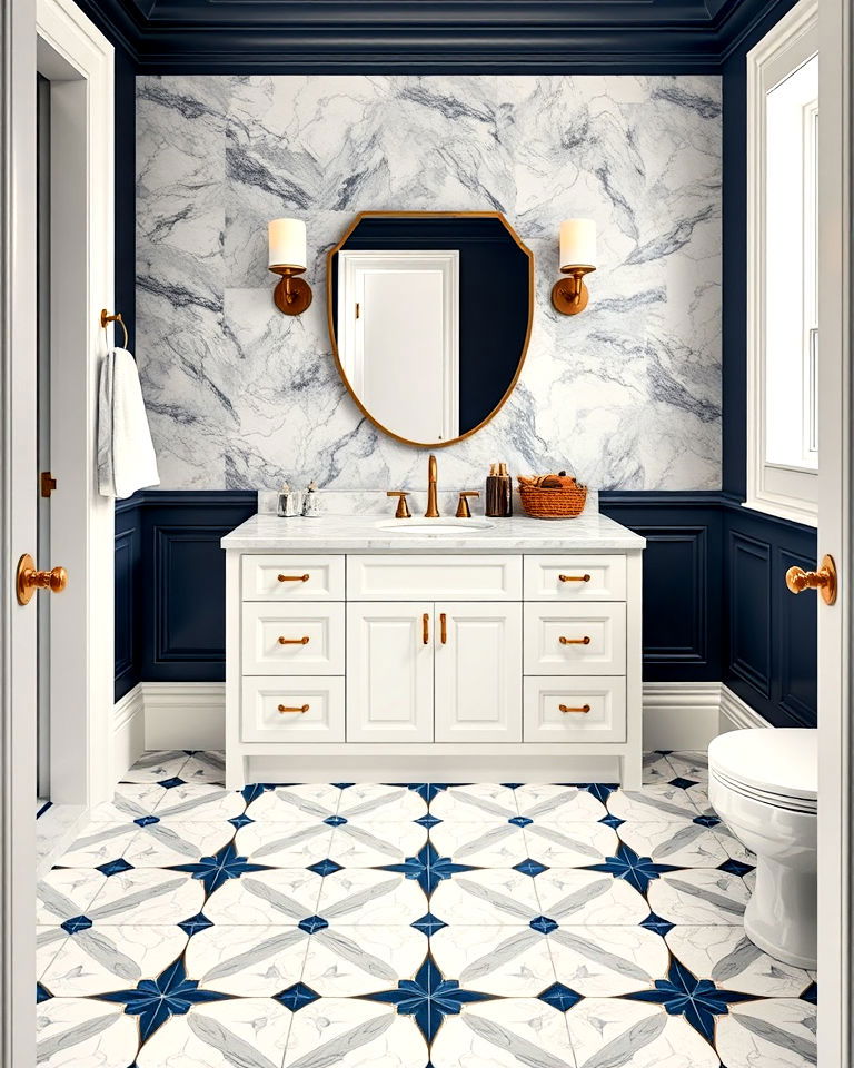 geometric marble inlay powder room floor - 25 Powder Room Floor Tile Ideas