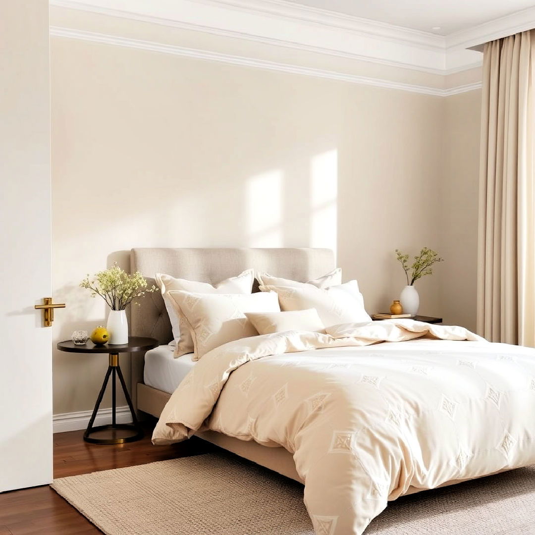 geometric patterned beige bedding - 30 Beige Bedroom Ideas