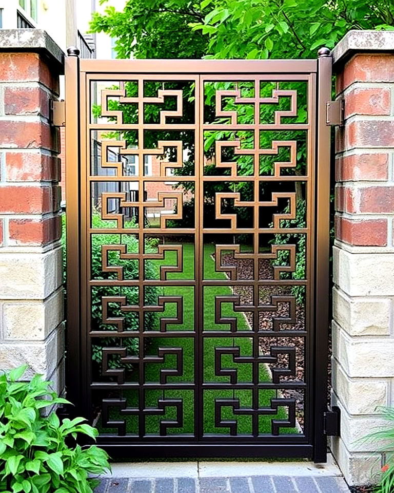 geometric patterned metal gate design - 25 Metal Garden Gate Ideas