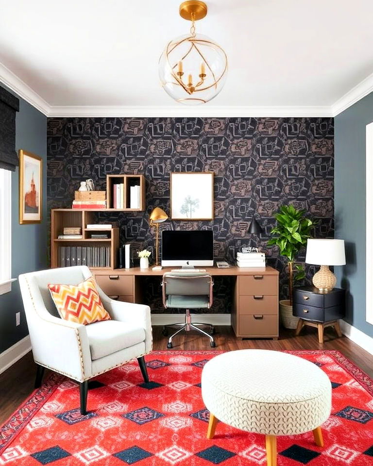 geometric patterned wallpaper - 25 Eclectic Home Office Ideas