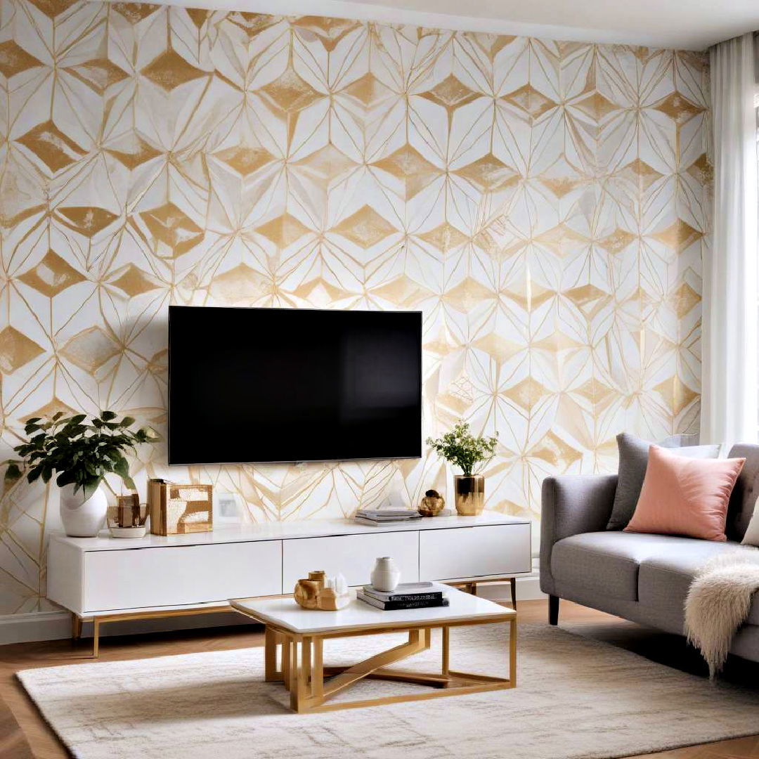geometric patterns accent wall - 25 White and Gold Living Room Ideas