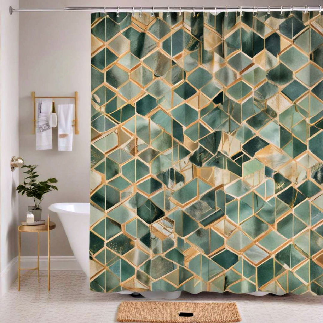 geometric patterns shower curtain - 20 Green and Gold Bathroom Ideas