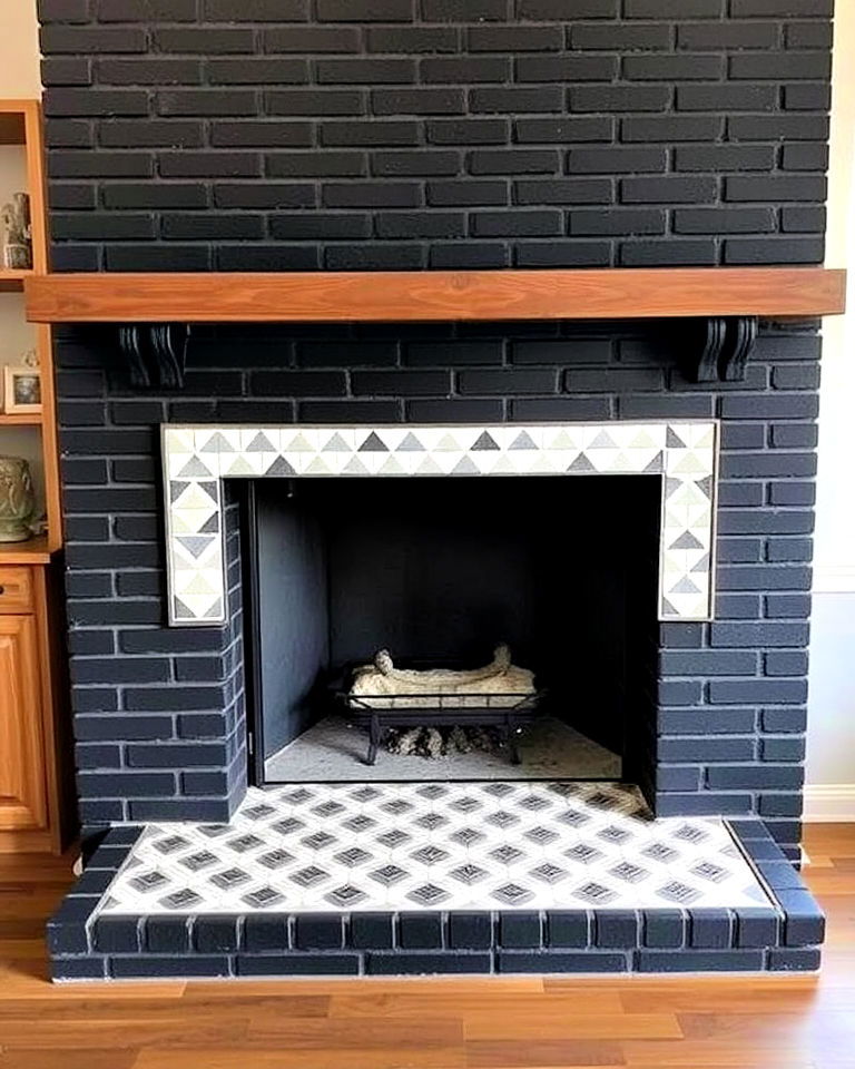 geometric tile accented black brick fireplace - 30 Black Brick Fireplace Ideas