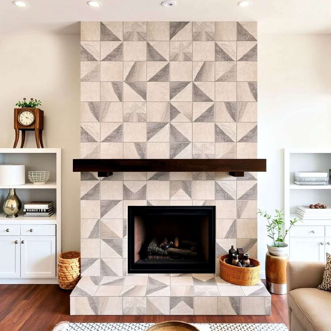 geometric tiles for two story fireplace - 25 Two-story Fireplace Ideas