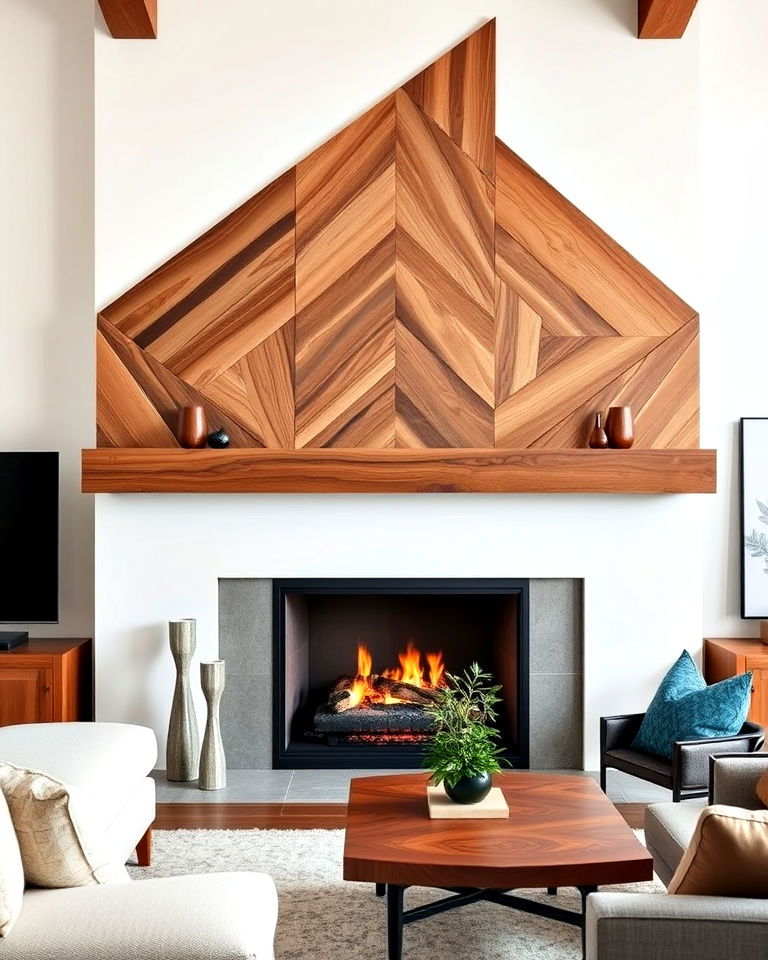 geometric wood mantel for fireplace - 20 Wood Fireplace Mantel Ideas