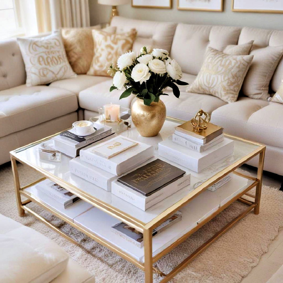 gilded coffee table books - 25 White and Gold Living Room Ideas