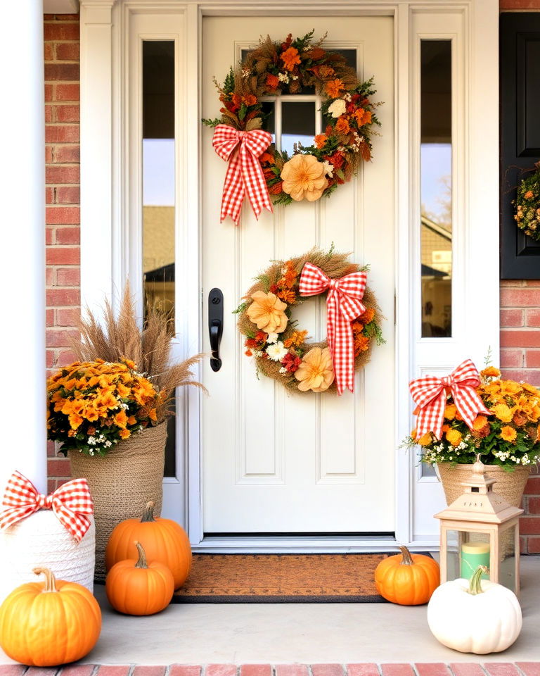 gingham ribbons and bows for front door fall decor - 30 Front Door Fall Decor Ideas