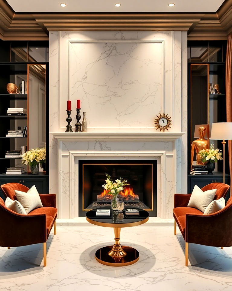 glam office with luxury marble fireplace - 15 Home Offices With Fireplaces