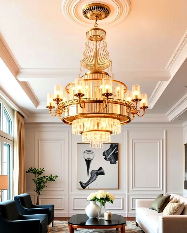 glamorous art deco chandelier - 30 Living Room Chandelier Ideas