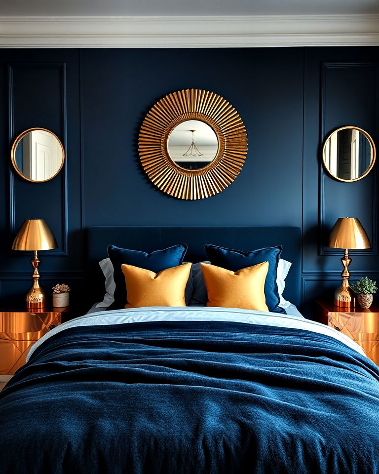 glamorous dark blue and metallic accents - 30 Dark Blue Bedroom Ideas