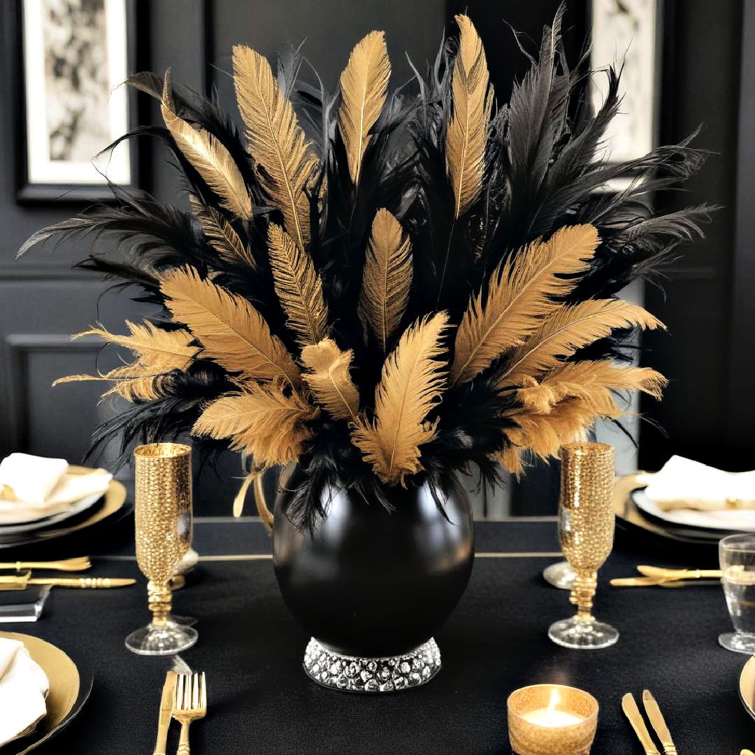 glamorous feather vase as black and gold centerpiece - 20 Black and Gold Centerpiece Ideas