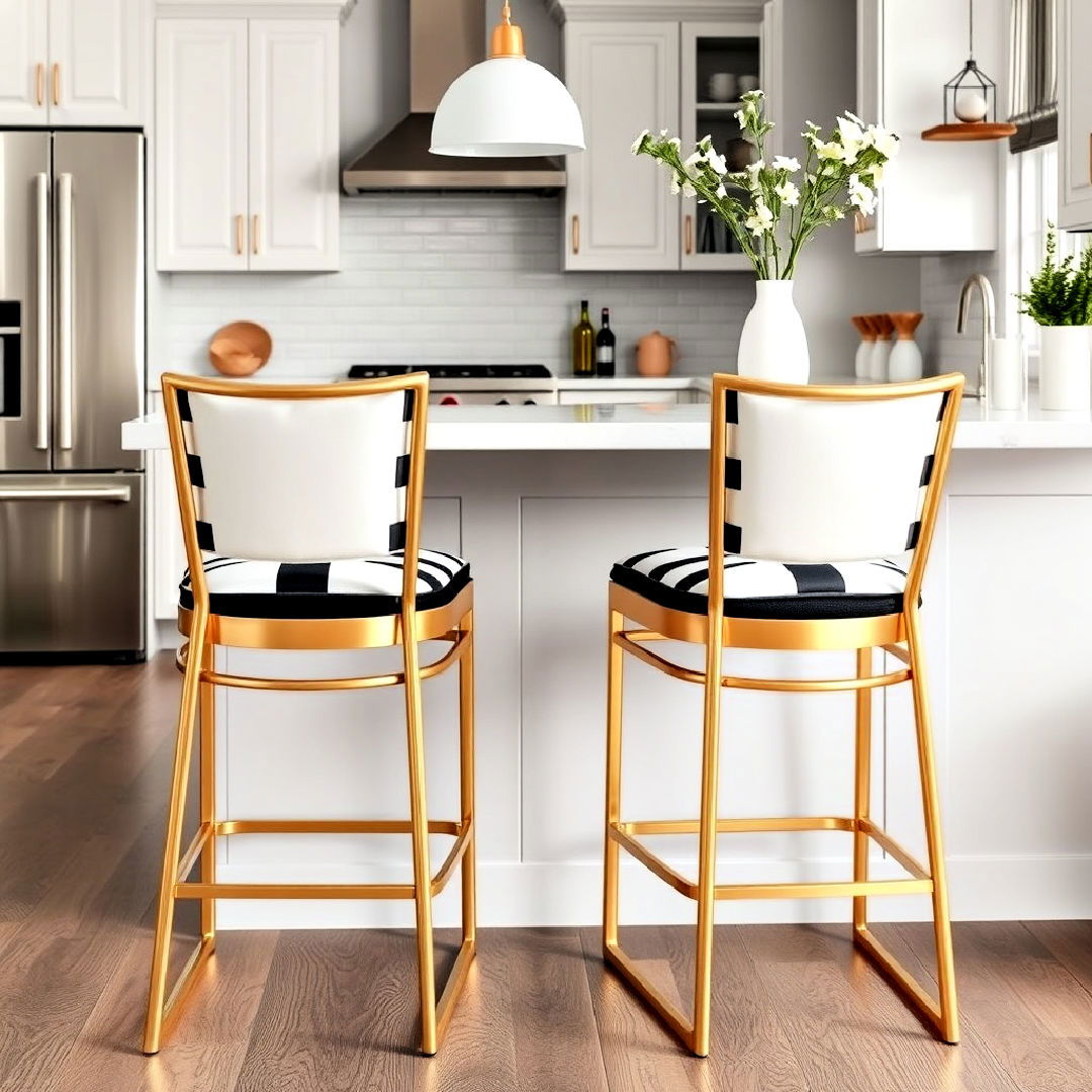 glamorous gold bar stools with black and white cushions - 25 Black White and Gold Kitchen Ideas