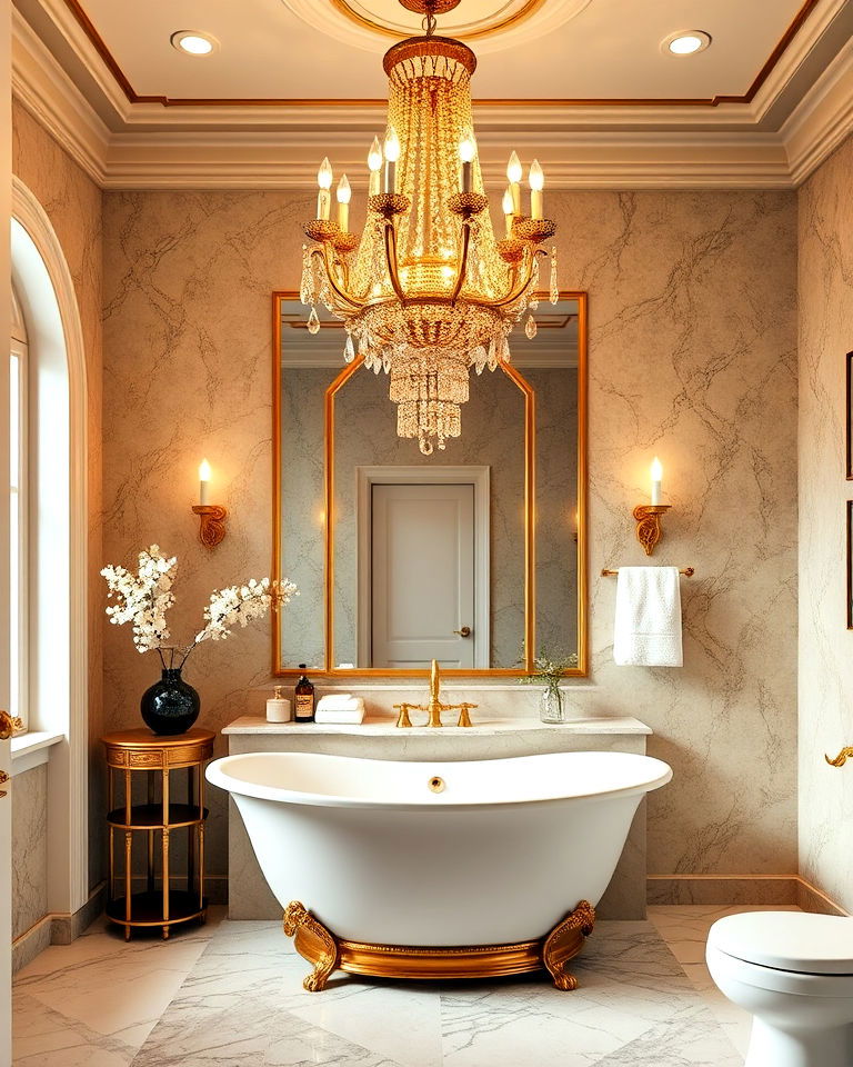glamorous gold chandelier for bathroom - 20 Bathroom Chandelier Ideas